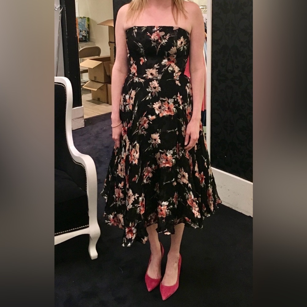 White House Black Market Pink & Black Floral Midi Dress